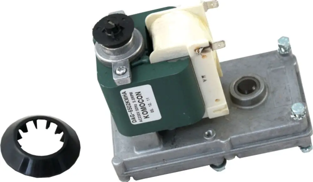 Getriebemotor mit Metallgehäuse und grüner Elektronik, geeignet für verschiedene Anwendungen. Von der Marke Wolf. Kunststoffabdeckung separat abgebildet.